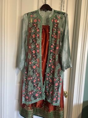 Embroidered Floral Long Jacket with authentic Kanchipuram silk skirt, blouse M